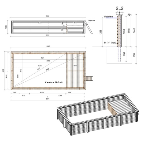 Pool AQUA 8.5 x 4.35 - H.1.45 m mit Liegefläche, hellblau, mit am Beton verschraubten Stahlprofilen