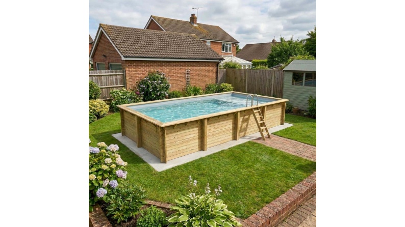 Pool AQUA 8.5 x 4.35 - H.1.45 m mit Liegefläche, grau, mit am Beton verschraubten Stahlprofilen