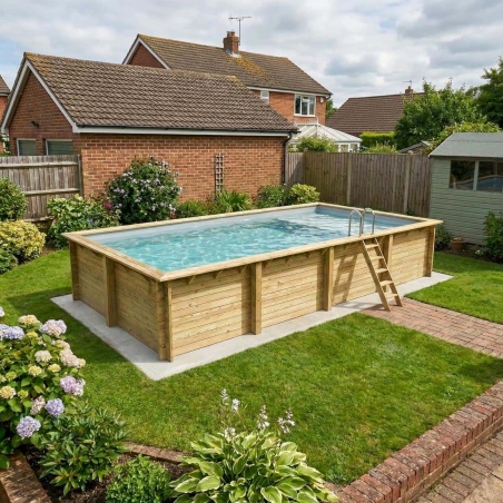 Pool AQUA 8.5 x 4.35 - H.1.45 m mit Liegefläche, grau, mit am Beton verschraubten Stahlprofilen