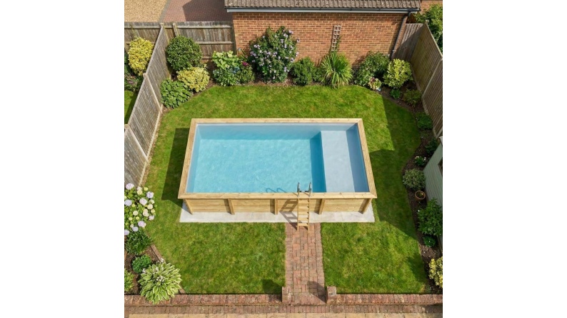 Pool AQUA 8.5 x 4.35 - H.1.45 m mit Liegefläche, grau, mit am Beton verschraubten Stahlprofilen