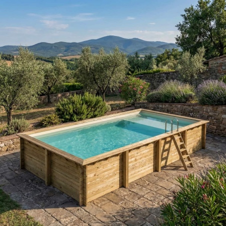 Pool AQUA 8.5 x 4.35 - H.1.45 m mit Liegefläche, sandfarben, mit am Beton verschraubten Stahlprofilen