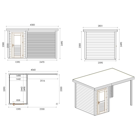 Gartenhaus, Gerätehaus Mira 4.06x2.59m - 10.51m2 - 28mm - Imprägniert