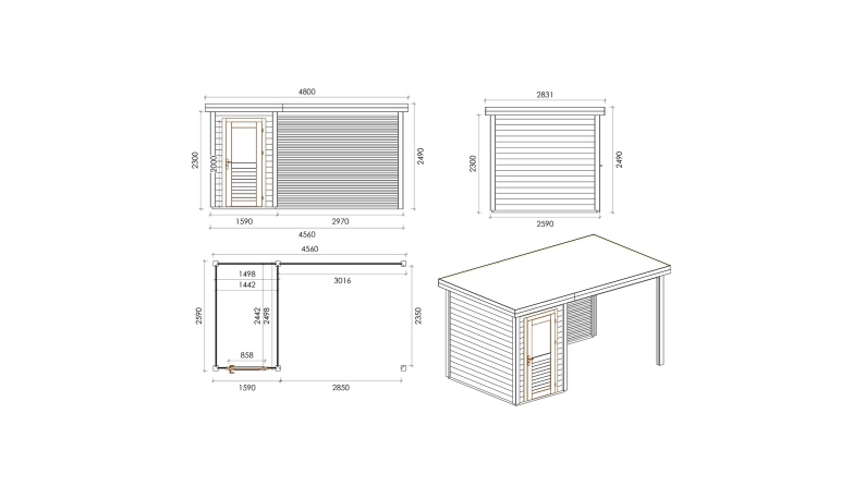 Gartenhaus, Gerätehaus Mira 4.56x2.59m - 11.81m2 - 28mm - Imprägniert