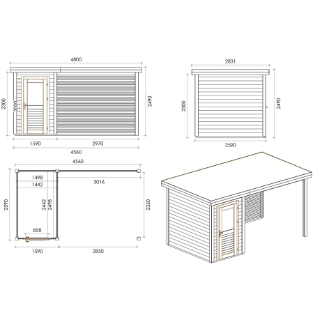 Gartenhaus, Gerätehaus Mira 4.56x2.59m - 11.81m2 - 28mm - Imprägniert