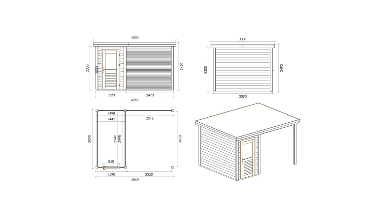 Gartenhaus, Gerätehaus Mira 4.06x3.09m - 12.54m2 - 28mm - Imprägniert
