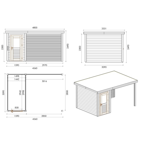 Gartenhaus, Gerätehaus Mira 4.56x3.09m - 14.09m2 - 28mm - Imprägniert