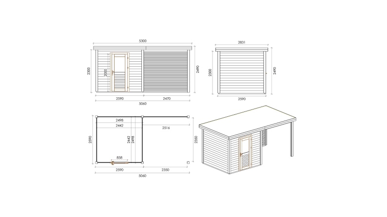 Gartenhaus, Gerätehaus Rava 5.06x2.59m - 13.1m2 - 28mm - Imprägniert
