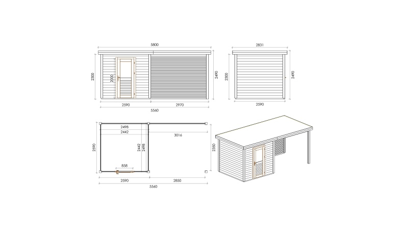 Gartenhaus, Gerätehaus Rava 5.56x2.59m - 14.4m2 - 28mm - Imprägniert