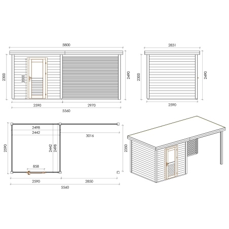 Gartenhaus, Gerätehaus Rava 5.56x2.59m - 14.4m2 - 28mm - Imprägniert