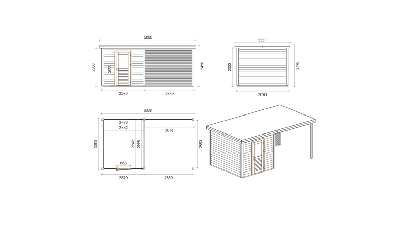Gartenhaus, Gerätehaus Rava 5.56x3.09m - 17.18m2 - 28mm - Imprägniert