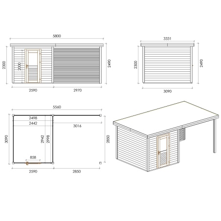 Gartenhaus, Gerätehaus Rava 5.56x3.09m - 17.18m2 - 28mm - Imprägniert