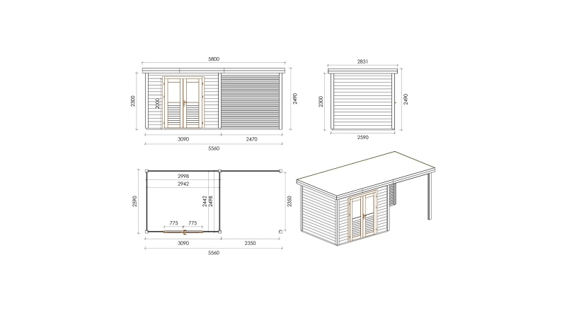 Gartenhaus, Gerätehaus Aura 5.56x2.59m - 14.4m2 - 28mm - Imprägniert