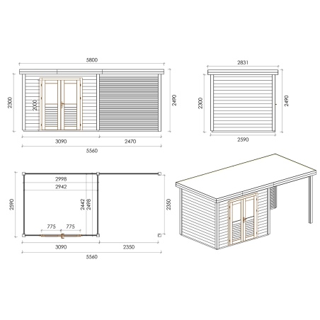 Gartenhaus, Gerätehaus Aura 5.56x2.59m - 14.4m2 - 28mm - Imprägniert