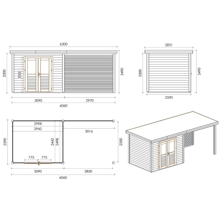 Gartenhaus, Gerätehaus Aura 6.06x2.59m - 15.69m2 - 28mm - Imprägniert