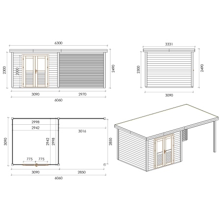 Gartenhaus, Gerätehaus Aura 6.06x3.09m - 18.72m2 - 28mm - Imprägniert