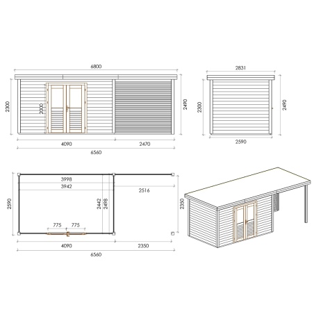 Gartenhaus, Gerätehaus Freya 7.06x4.09m - 28.87m2 - 28mm - Imprägniert