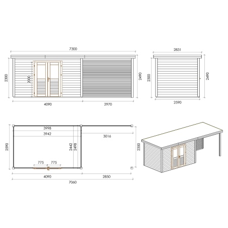 Gartenhaus, Gerätehaus Freya 6.56x2.59m - 16.99m2 - 28mm - Imprägniert