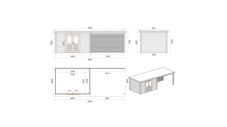 Gartenhaus, Gerätehaus Freya 7.06x3.09m - 21.81m2 - 28mm - Imprägniert