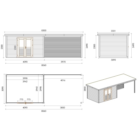 Gartenhaus, Gerätehaus Freya 7.06x3.09m - 21.81m2 - 28mm - Imprägniert