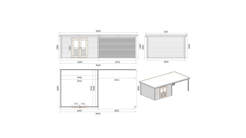 Gartenhaus, Gerätehaus Freya 8.06x4.09m - 32.96m2 - 28mm - Imprägniert