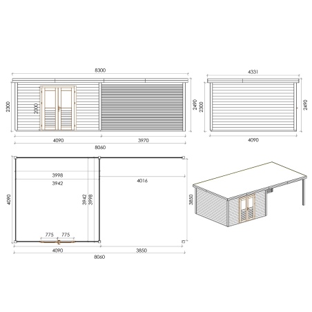 Gartenhaus, Gerätehaus Freya 8.06x4.09m - 32.96m2 - 28mm - Imprägniert
