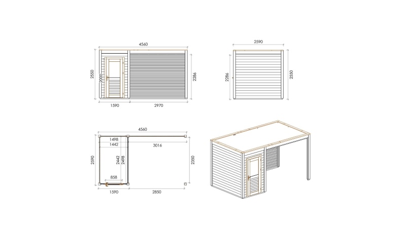 Gartenhaus, Gerätehaus Veya 4.56x2.59m - 11.81m2 - 28mm - Imprägniert