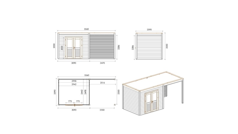 Gartenhaus, Gerätehaus Sora 5.56x2.59m - 14.4m2 - 28mm - Imprägniert