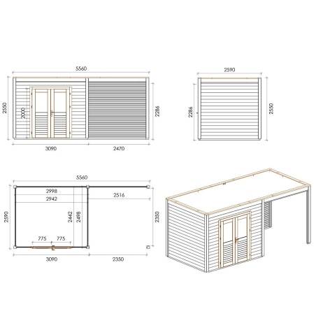 Gartenhaus, Gerätehaus Sora 5.56x2.59m - 14.4m2 - 28mm - Imprägniert