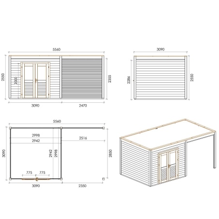 Gartenhaus, Gerätehaus Sora 5.56x3.09m - 17.18m2 - 28mm - Imprägniert
