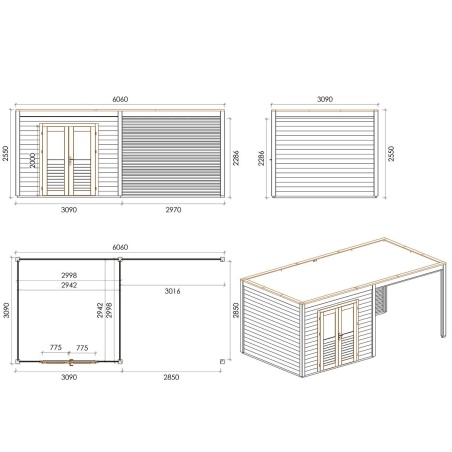Gartenhaus, Gerätehaus Sora 6.06x3.09m - 18.73m2 - 28mm - Imprägniert
