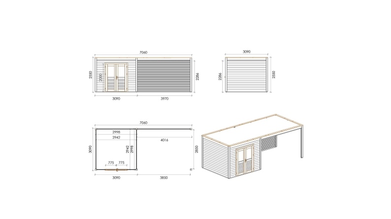 Gartenhaus, Gerätehaus Sora 7.06x3.09m - 21.82m2 - 28mm - Imprägniert