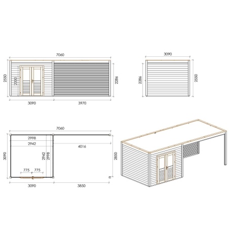 Gartenhaus, Gerätehaus Sora 7.06x3.09m - 21.82m2 - 28mm - Imprägniert