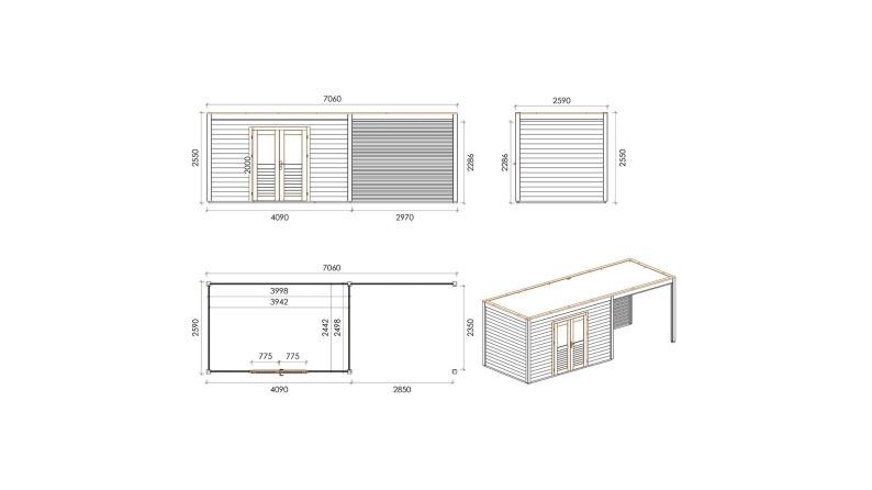 Gartenhaus, Gerätehaus Nova 7.06x2.59m - 18.29m2 - 28mm - Imprägniert