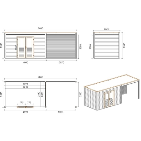 Gartenhaus, Gerätehaus Nova 7.06x2.59m - 18.29m2 - 28mm - Imprägniert