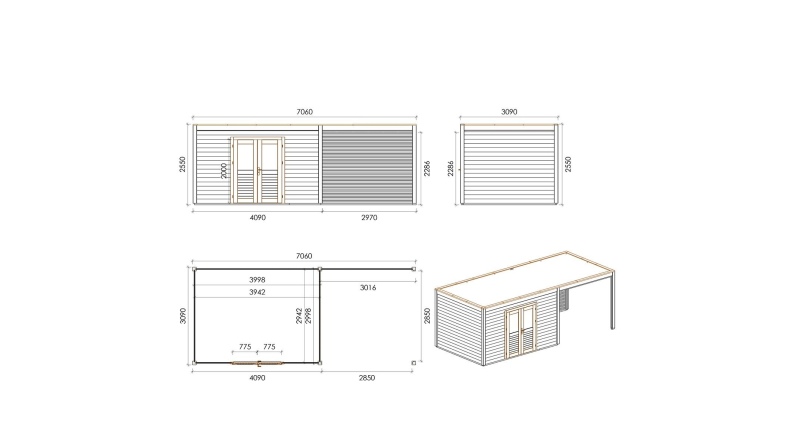 Gartenhaus, Gerätehaus Nova 7.06x3.09m - 21.82m2 - 28mm - Imprägniert