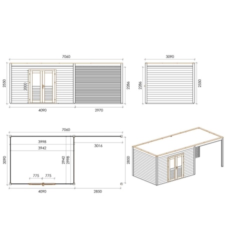 Gartenhaus, Gerätehaus Nova 7.06x3.09m - 21.82m2 - 28mm - Imprägniert