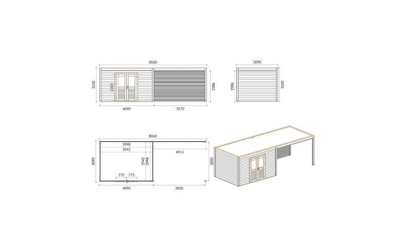 Gartenhaus, Gerätehaus Nova 8.06x3.09m - 24.91m2 - 28mm - Imprägniert