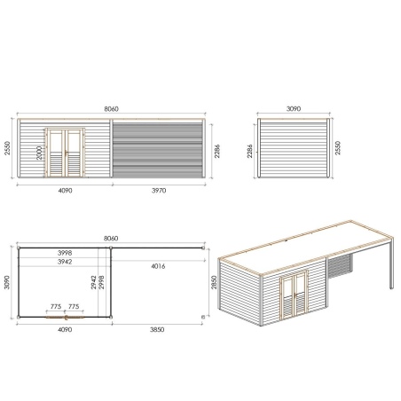 Gartenhaus, Gerätehaus Nova 8.06x3.09m - 24.91m2 - 28mm - Imprägniert