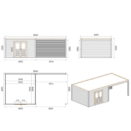 Gartenhaus, Gerätehaus Nova 8.06x4.09m - 32.96m2 - 28mm - Imprägniert