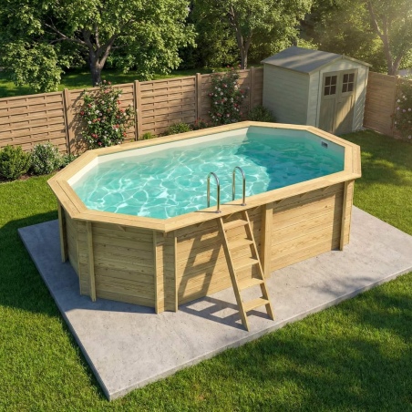 Pool NEMO 5.79 x 3.49 - H.1.45 m, sandfarben, mit am Beton verschraubten Stahlprofilen