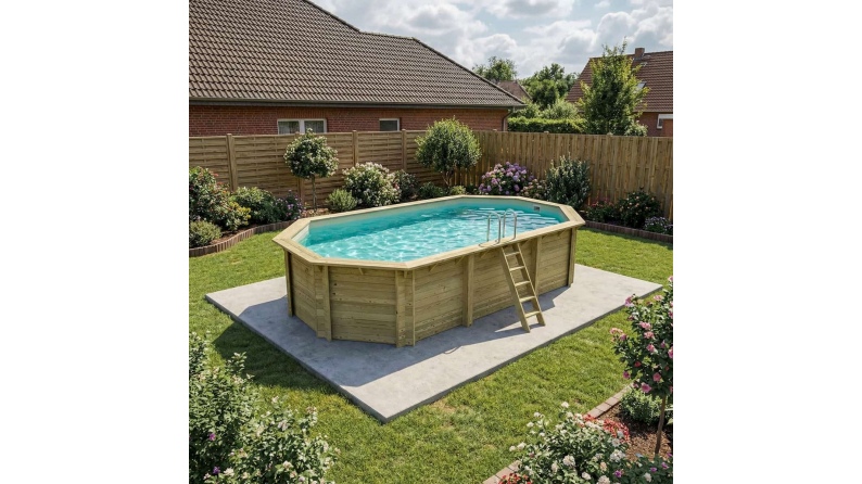 Pool NEMO 7.3 x 3.97 - H.1.45 m, sandfarben, mit am Beton verschraubten Stahlprofilen