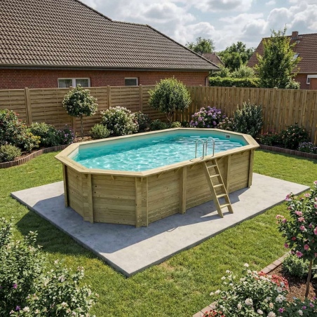 Pool NEMO 7.3 x 3.97 - H.1.45 m, sandfarben, mit am Beton verschraubten Stahlprofilen