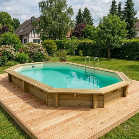 Pool NEMO 7.3 x 3.97 - H.1.45 m, sandfarben, mit am Beton verschraubten Stahlprofilen