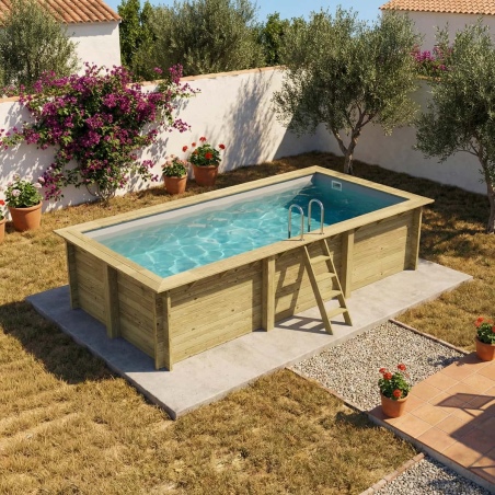 Pool AQUA 6.1 x 2.85 - H.1.31 m, grau, mit am Beton verschraubten Stahlprofilen