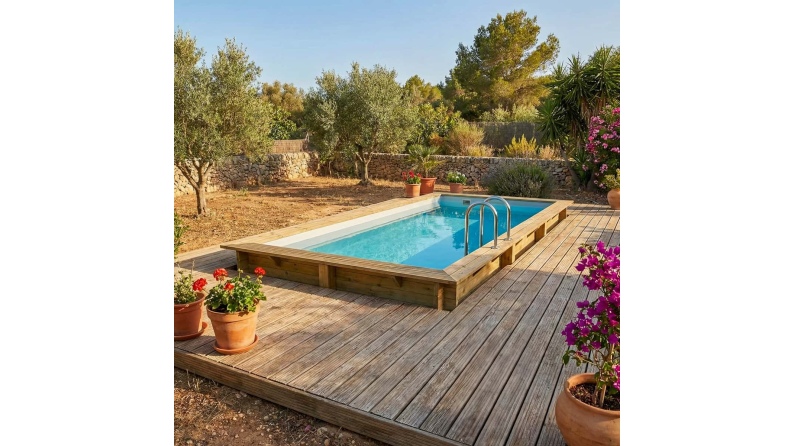 Pool AQUA 6.1 x 2.85 - H.1.31 m, grau, mit am Beton verschraubten Stahlprofilen