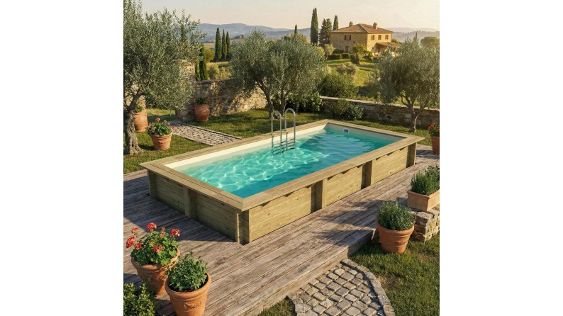 Pool AQUA 6.1 x 2.85 - H.1.31 m, sandfarben, mit am Beton verschraubten Stahlprofilen