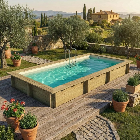 Pool AQUA 6.1 x 2.85 - H.1.31 m, sandfarben, mit am Beton verschraubten Stahlprofilen