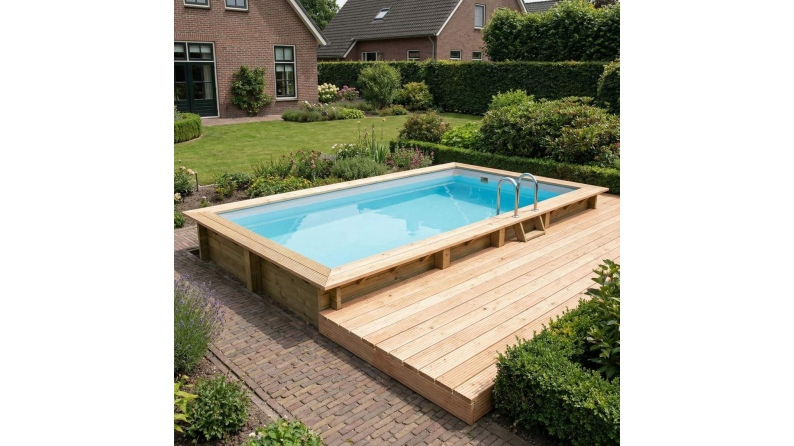 Pool AQUA 7 x 3.75 - H.1.45 m, grau, mit am Beton verschraubten Stahlprofilen
