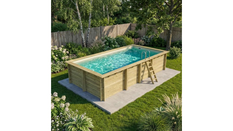 Pool AQUA 7 x 3.75 - H.1.45 m, sandfarben, mit am Beton verschraubten Stahlprofilen
