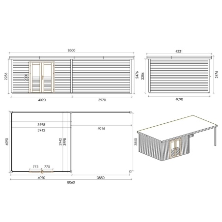 Gartenhaus, Gerätehaus Freya 8.06x4.09m - 32.96m2 - 28mm - Imprägniert